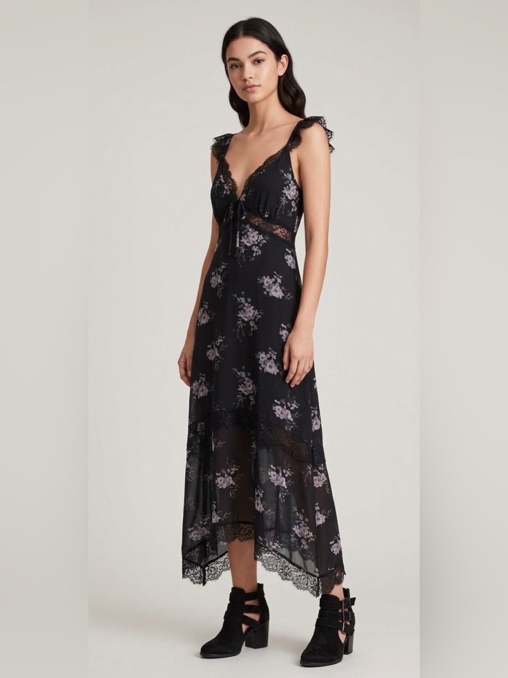 Whimsygoth Dark Floral Lace Trim Midi Dress 90s Grunge Asymmetrical Hem Size L